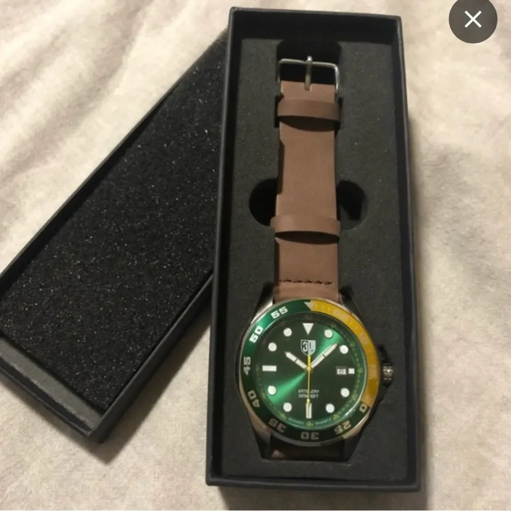 Three Leagues Artillery Leather-Band Watch with Date